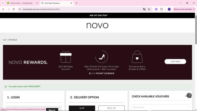 NOVO Shoes checkout page showing NOVO Shoes promo code box | Screenshot taken by SimplyCodes community member on Jun 13, 2025