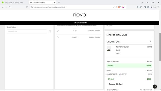 NOVO Shoes checkout page showing NOVO Shoes promo code box | Screenshot taken by SimplyCodes community member on Sep 12, 2024