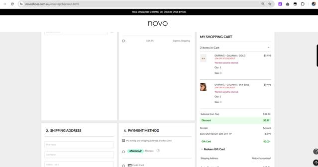 NOVO Shoes checkout page showing NOVO Shoes promo code box | Screenshot taken by SimplyCodes community member on May 6, 2025