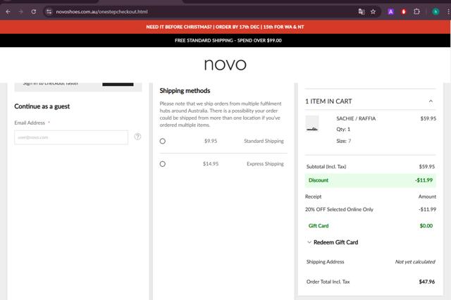 NOVO Shoes checkout page showing NOVO Shoes promo code box | Screenshot taken by SimplyCodes community member on Dec 6, 2024