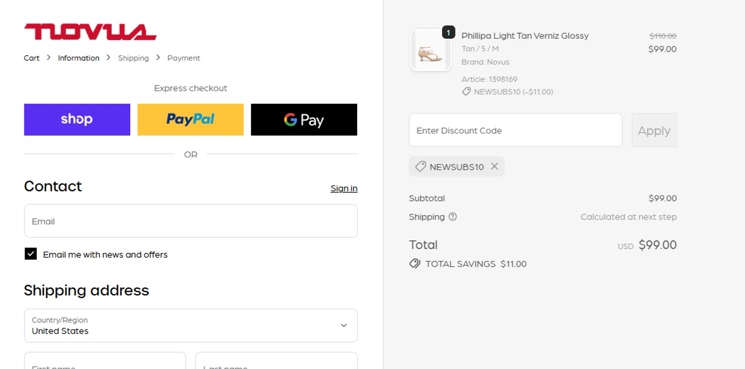Novus discount code screenshot showing code NEWSUBS10 applied at Novus checkout page. Uploaded by SimplyCodes community member Sweety2021 on Nov 5, 2025