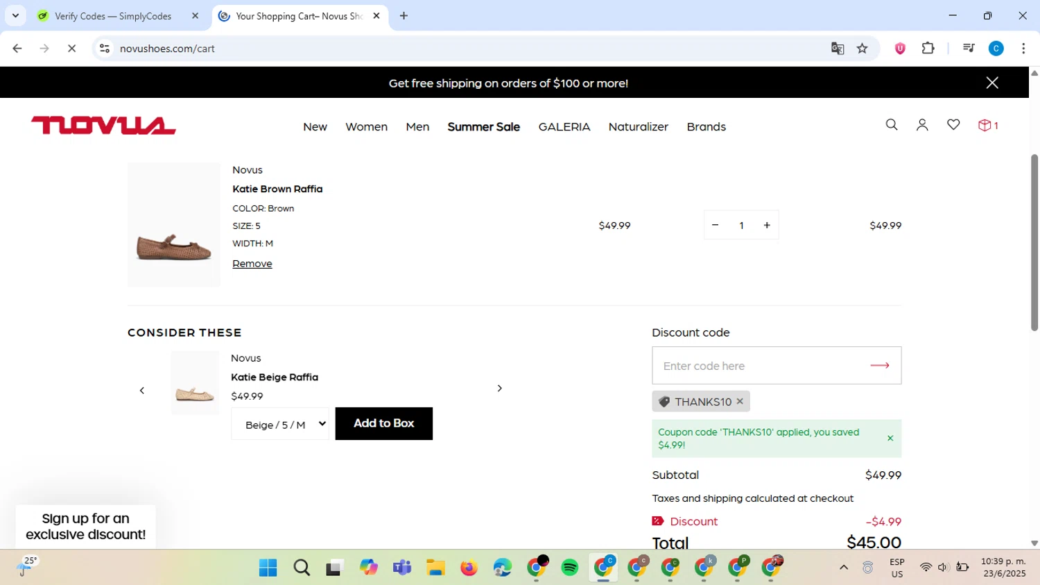 Novus discount code screenshot showing code THANKS10 applied at Novus checkout page. Uploaded by SimplyCodes community member ScanAce2966 on Jun 24, 2025