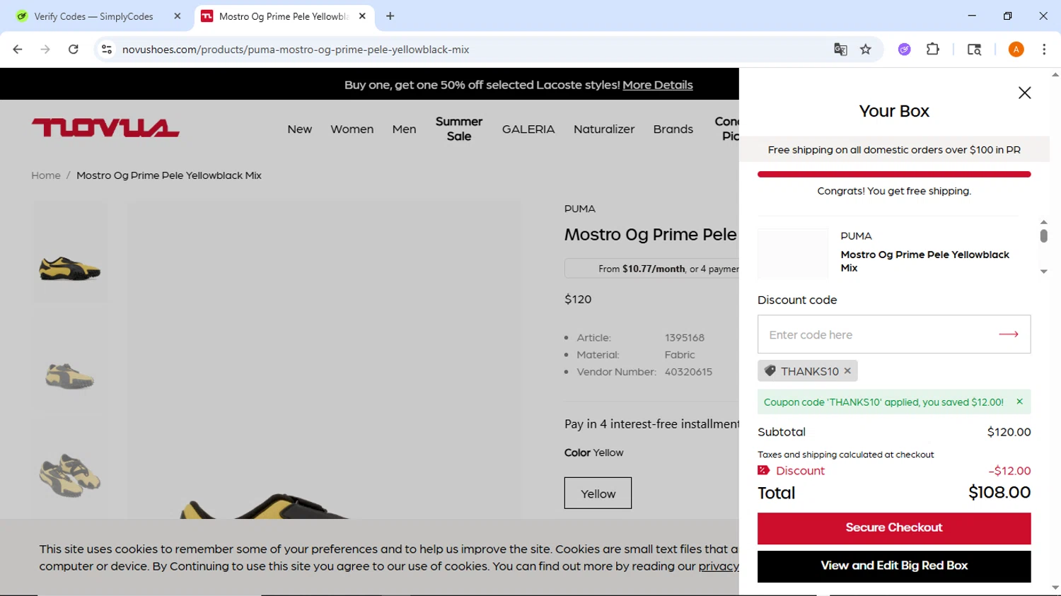 Novus discount code screenshot showing code THANKS10 applied at Novus checkout page. Uploaded by SimplyCodes community member ThriftyMaverick437 on Jul 29, 2025