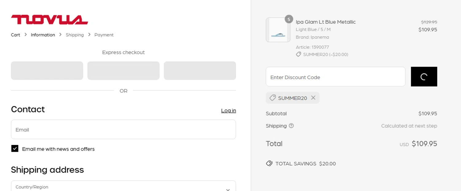 Novus discount code screenshot showing code SUMMER20 applied at Novus checkout page. Uploaded by SimplyCodes community member couponcheck02 on May 23, 2025