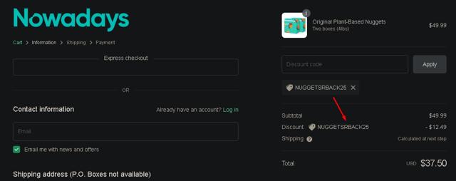 Nowadays checkout page showing Nowadays coupon code box | Screenshot taken by SimplyCodes community member on May 21, 2022