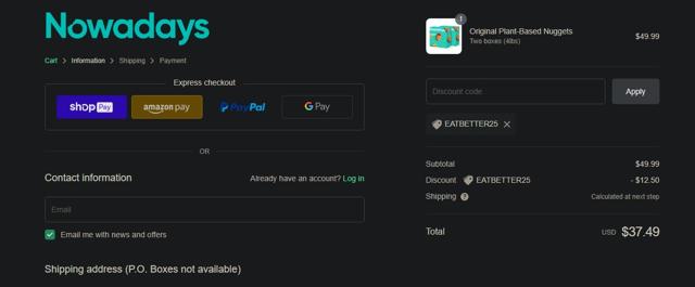 Nowadays checkout page showing Nowadays coupon code box | Screenshot taken by SimplyCodes community member on Sep 28, 2022