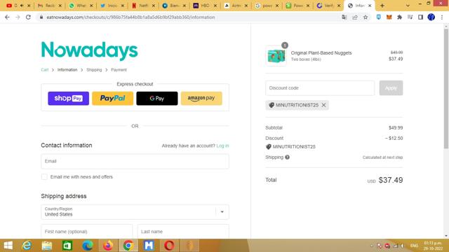 Nowadays checkout page showing Nowadays coupon code box | Screenshot taken by SimplyCodes community member on Oct 29, 2022