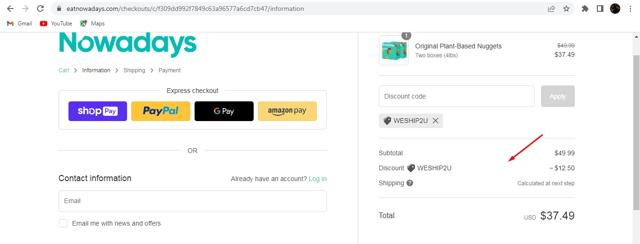 Nowadays checkout page showing Nowadays coupon code box | Screenshot taken by SimplyCodes community member on Oct 29, 2022