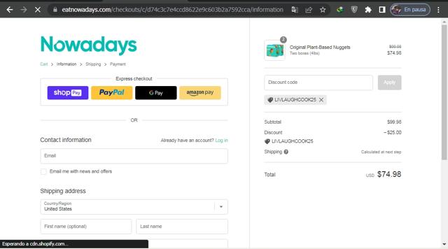 Nowadays checkout page showing Nowadays coupon code box | Screenshot taken by SimplyCodes community member on Oct 29, 2022