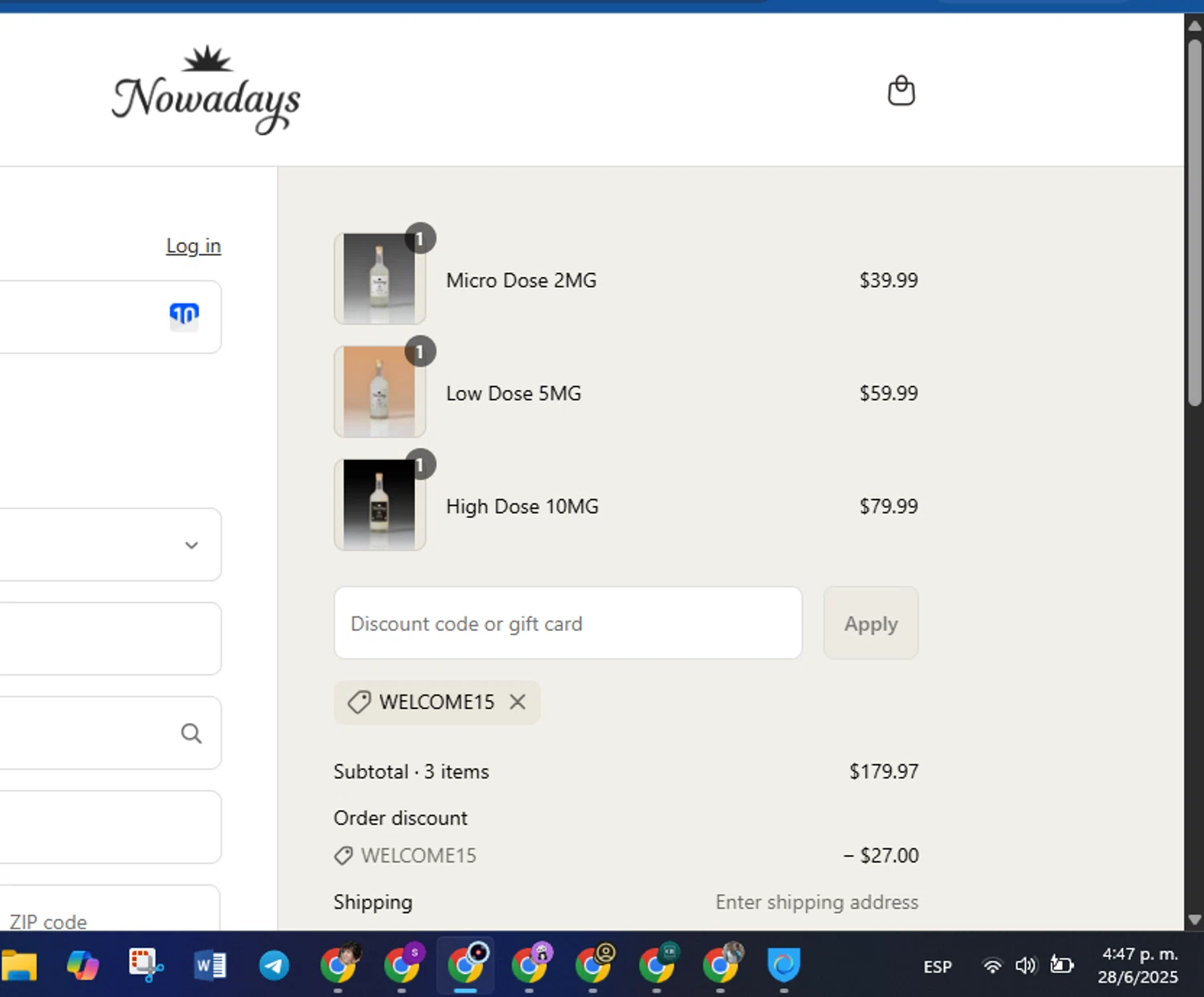 Nowadays THC Drink coupon code screenshot showing code welcome15 applied at Nowadays THC Drink checkout page. Uploaded by SimplyCodes community member FrugalVirtuoso6318 on Jun 28, 2025