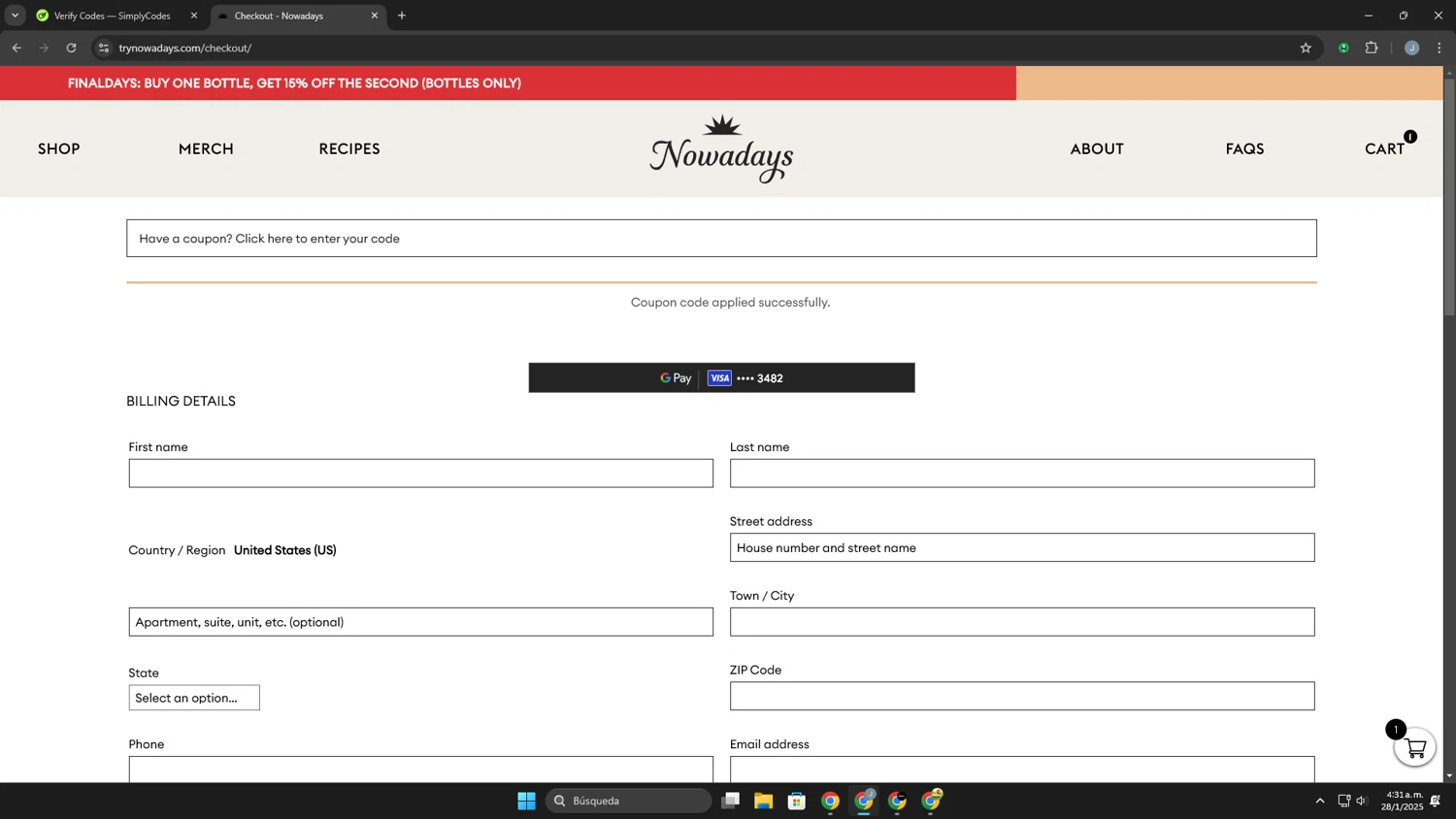 Nowadays THC Drink coupon code screenshot showing code welcome15 applied at Nowadays THC Drink checkout page. Uploaded by SimplyCodes community member Khaiden on Jan 28, 2025