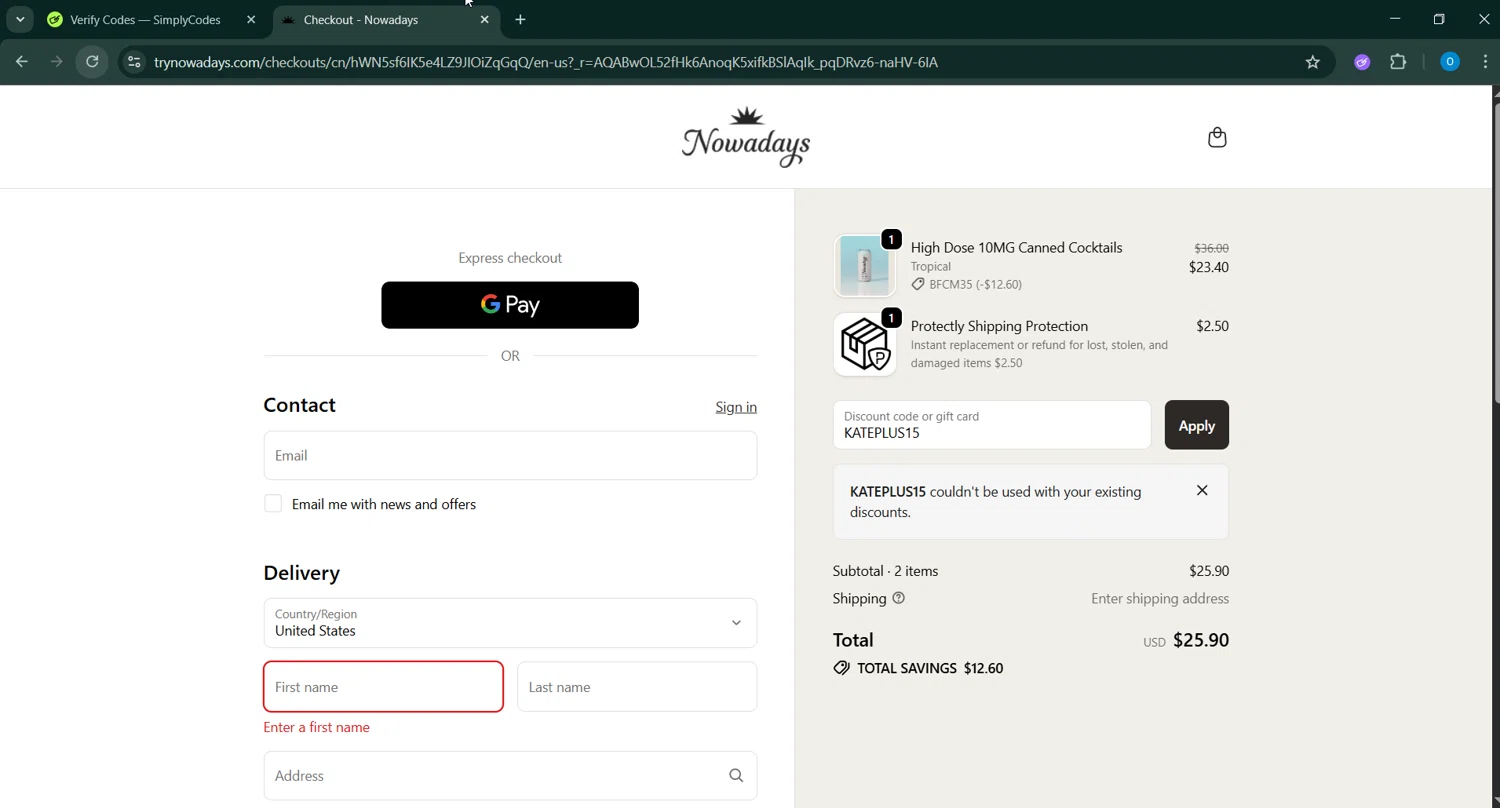 Nowadays THC Drink coupon code screenshot showing code KATEPLUS15 applied at Nowadays THC Drink checkout page. Uploaded by SimplyCodes community member GoldAdmiral5202 on Nov 30, 2025