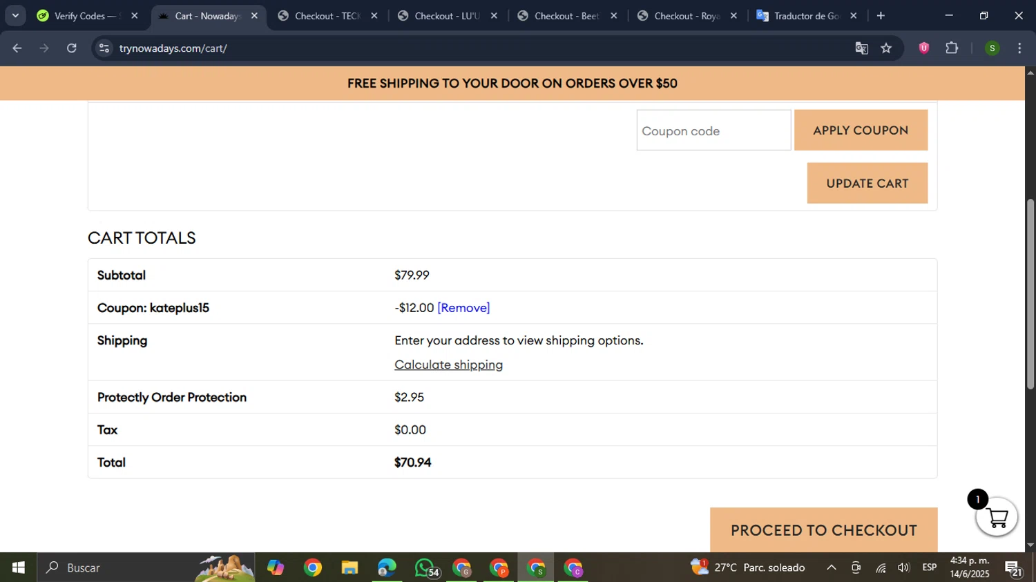 Nowadays THC Drink coupon code screenshot showing code KATEPLUS15 applied at Nowadays THC Drink checkout page. Uploaded by SimplyCodes community member RewardMaverick445 on Jun 14, 2025