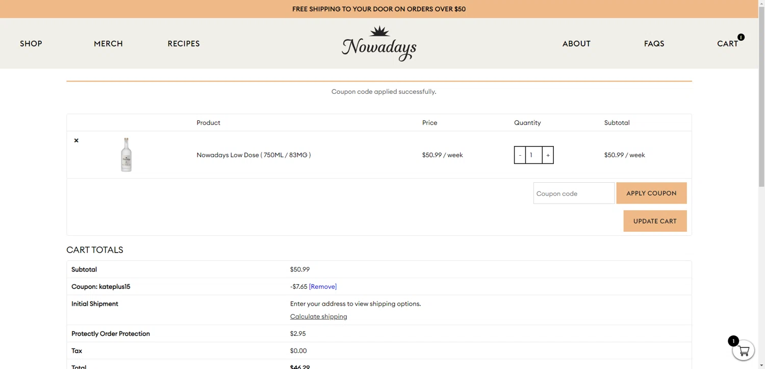 Nowadays THC Drink coupon code screenshot showing code KATEPLUS15 applied at Nowadays THC Drink checkout page. Uploaded by SimplyCodes community member ValiantAce1810 on Jun 10, 2025