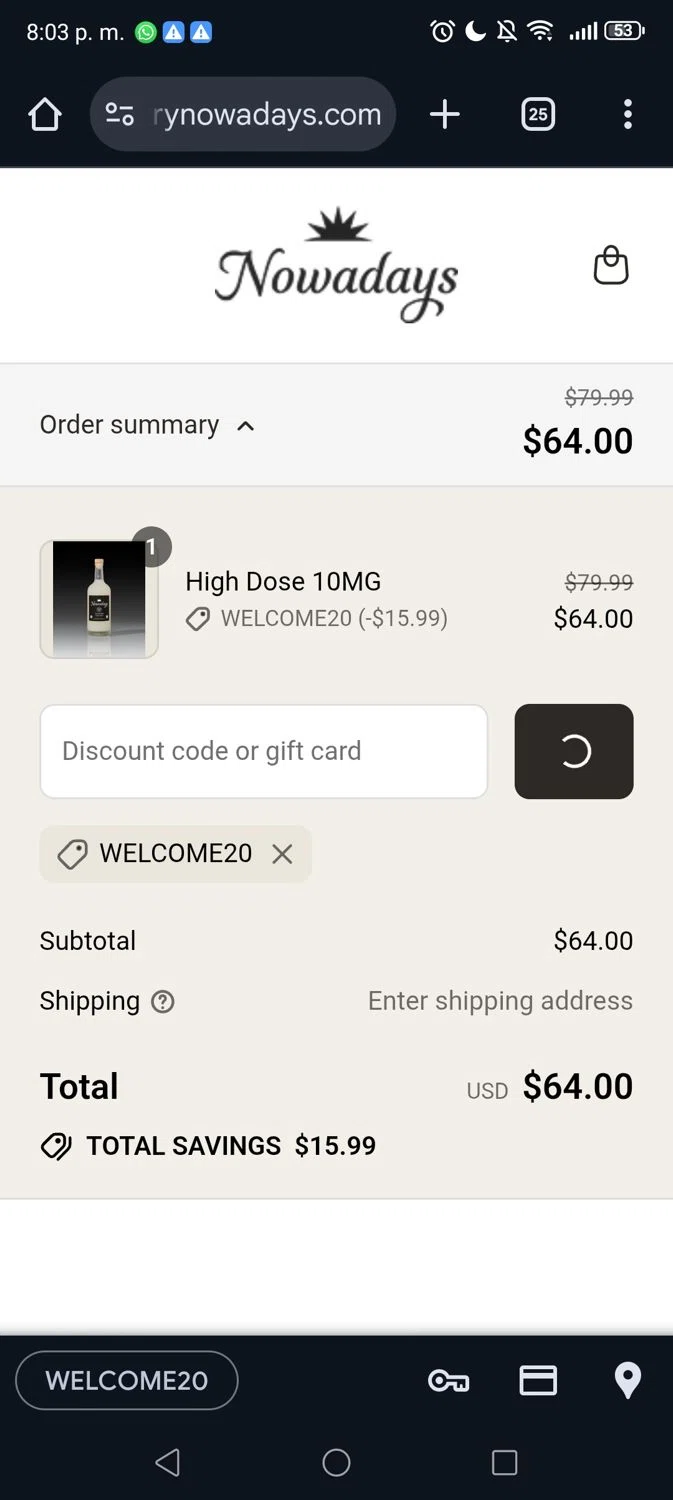 Nowadays THC Drink coupon code screenshot showing code Welcome20 applied at Nowadays THC Drink checkout page. Uploaded by SimplyCodes community member George09 on Aug 25, 2025