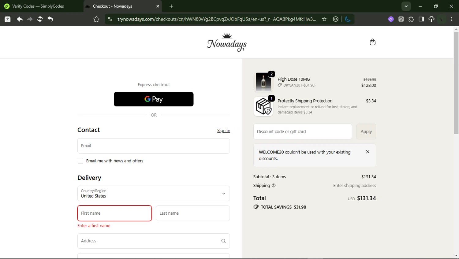 Nowadays THC Drink checkout page showing Nowadays THC Drink coupon code box | Screenshot taken by SimplyCodes community member on Jan 25, 2026