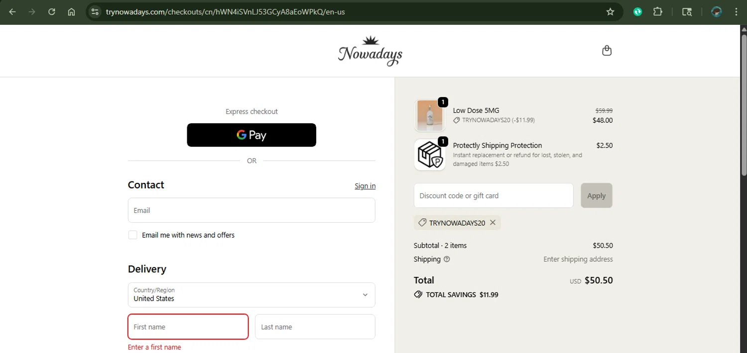 Nowadays THC Drink coupon code screenshot showing code TRYNOWADAYS20 applied at Nowadays THC Drink checkout page. Uploaded by SimplyCodes community member MariaCorinaMachado on Oct 30, 2025