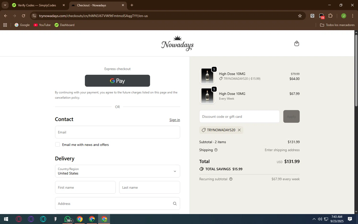 Nowadays THC Drink coupon code screenshot showing code TRYNOWADAYS20 applied at Nowadays THC Drink checkout page. Uploaded by SimplyCodes community member QueTeImporta on Sep 23, 2025