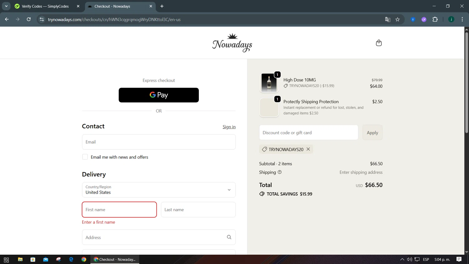 Nowadays THC Drink coupon code screenshot showing code TRYNOWADAYS20 applied at Nowadays THC Drink checkout page. Uploaded by SimplyCodes community member abcdefg321 on Oct 1, 2025