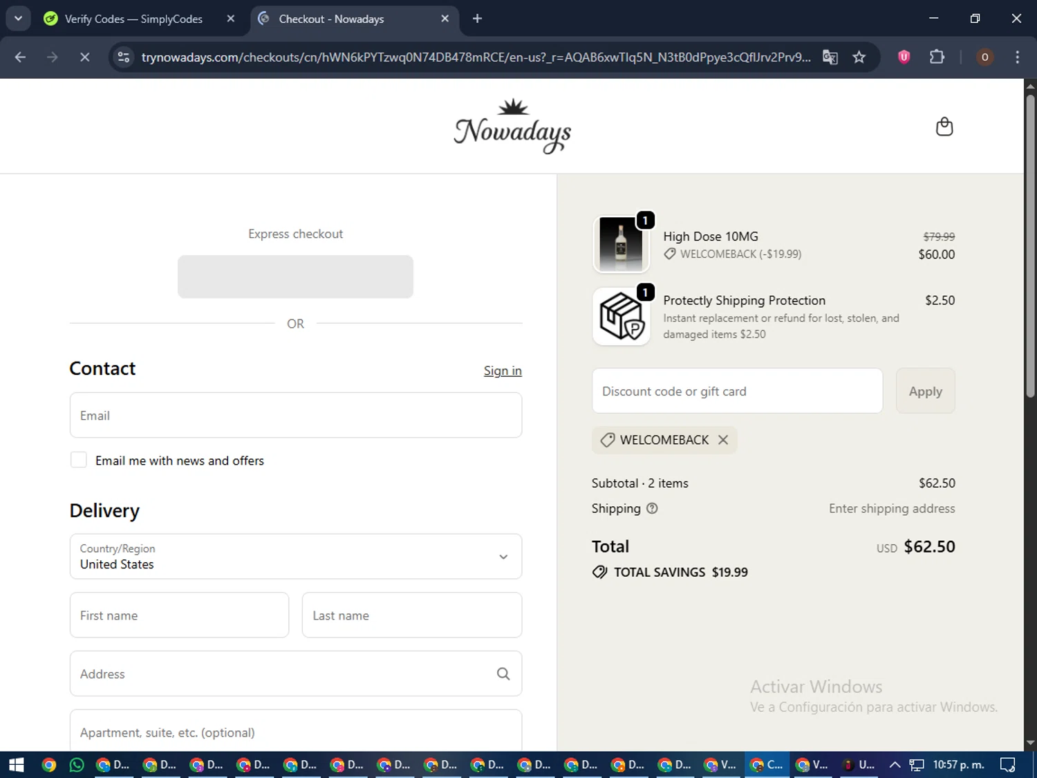 Nowadays THC Drink coupon code screenshot showing code WELCOMEBACK applied at Nowadays THC Drink checkout page. Uploaded by SimplyCodes community member Legendar on Dec 23, 2025