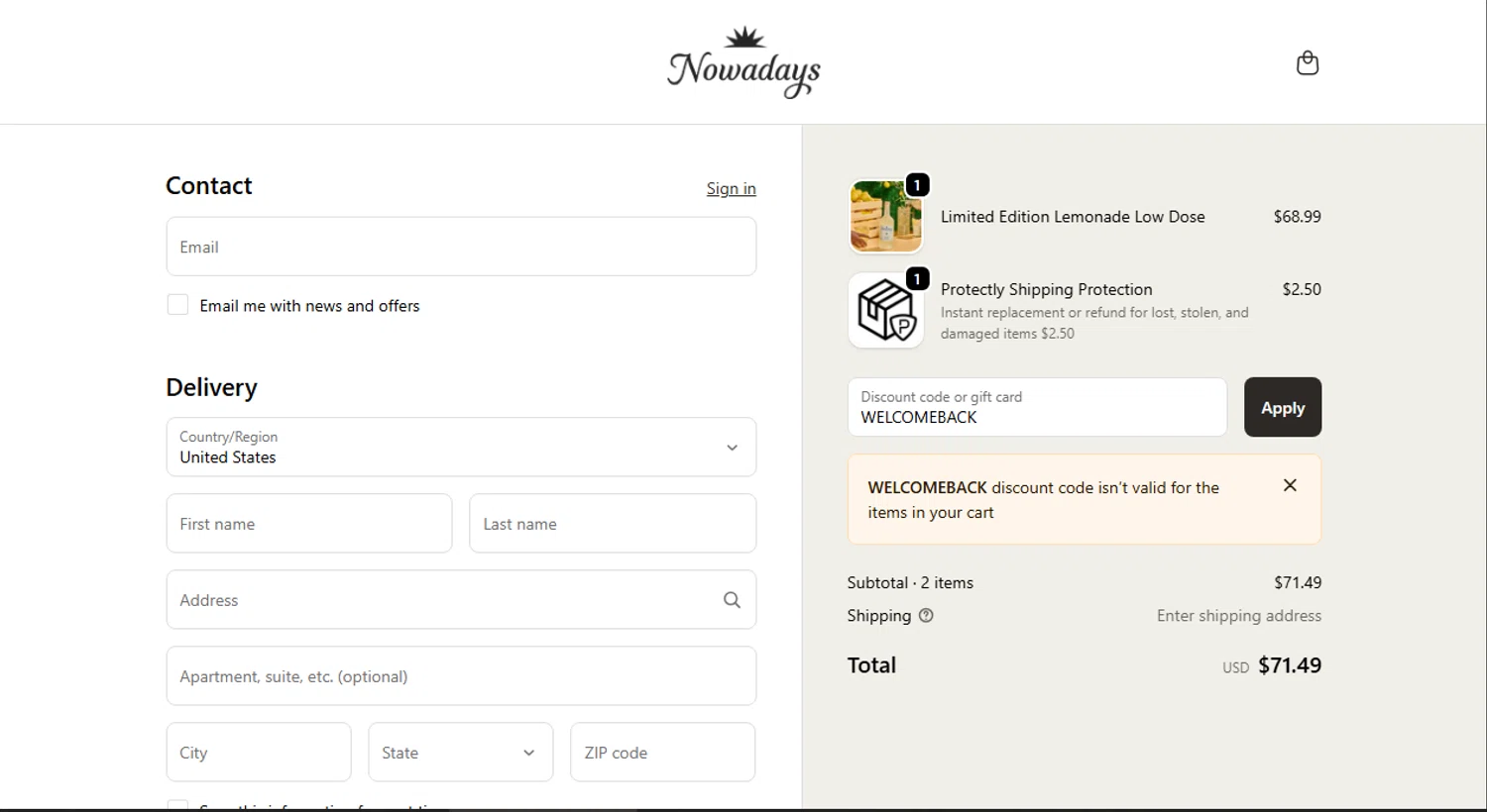 Nowadays THC Drink coupon code screenshot showing code WELCOMEBACK applied at Nowadays THC Drink checkout page. Uploaded by SimplyCodes community member Omega77 on Oct 31, 2025