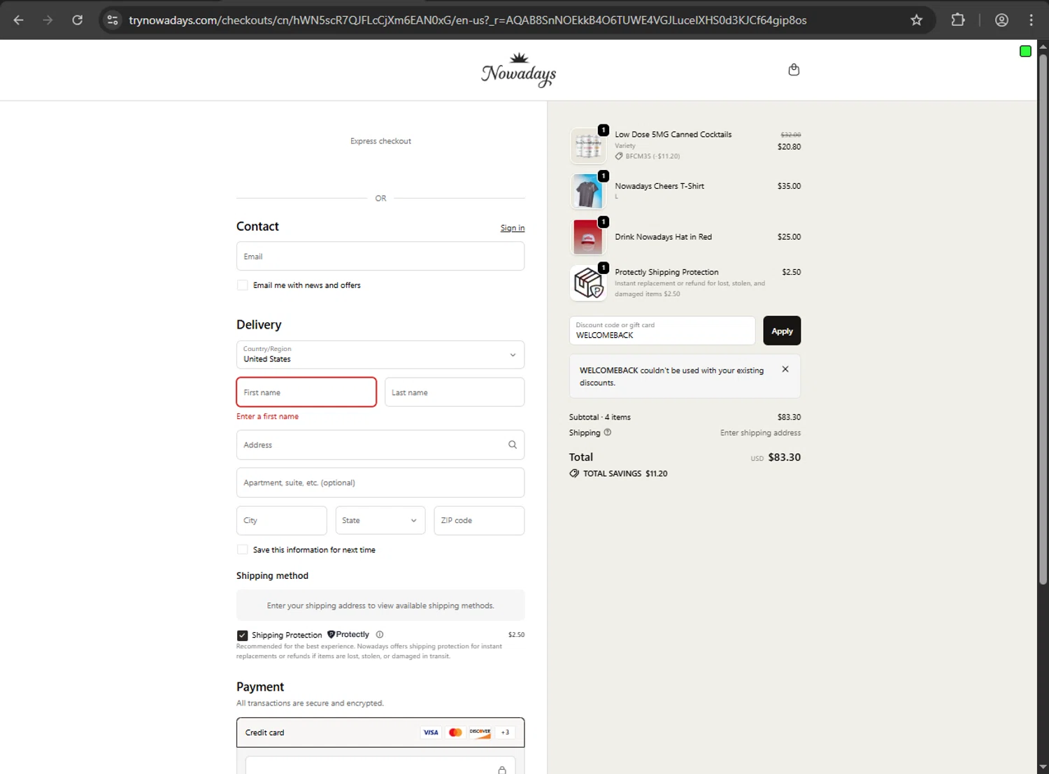 Nowadays THC Drink coupon code screenshot showing code WELCOMEBACK applied at Nowadays THC Drink checkout page. Uploaded by SimplyCodes community member jickselyspolanco on Nov 30, 2025