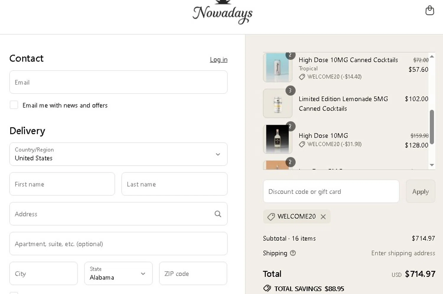 Nowadays THC Drink coupon code screenshot showing code Welcome20 applied at Nowadays THC Drink checkout page. Uploaded by SimplyCodes community member Elcompa on Aug 3, 2025