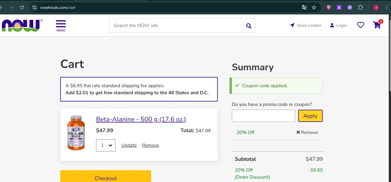 Now Foods coupon code screenshot showing code HAPPYNOW applied at Now Foods checkout page. Uploaded by SimplyCodes community member CleverNavigator9655 on Jun 6, 2025