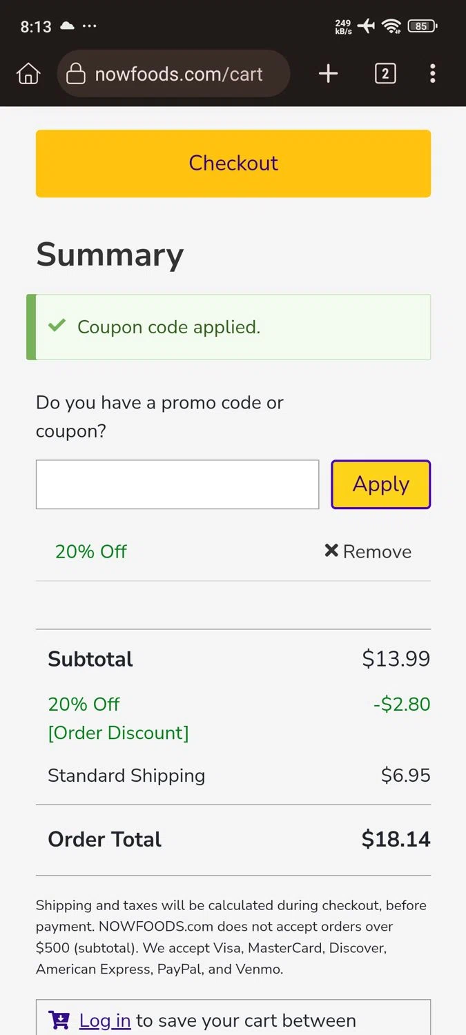 Now Foods coupon code screenshot showing code HAPPYNOW applied at Now Foods checkout page. Uploaded by SimplyCodes community member Willfrenny_18 on May 25, 2025