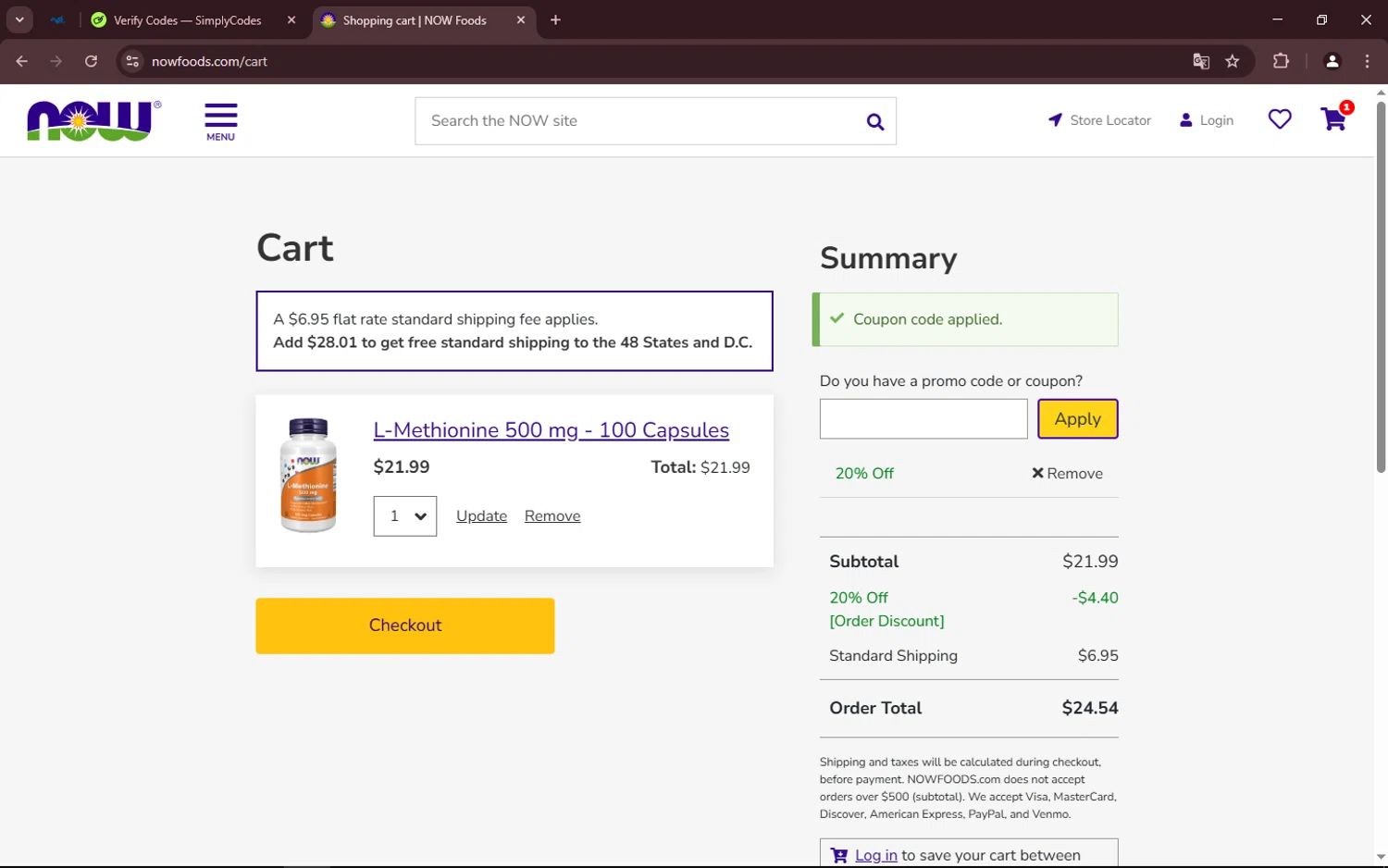 Now Foods coupon code screenshot showing code APPLENOW applied at Now Foods checkout page. Uploaded by SimplyCodes community member Makunouchi on Mar 18, 2025