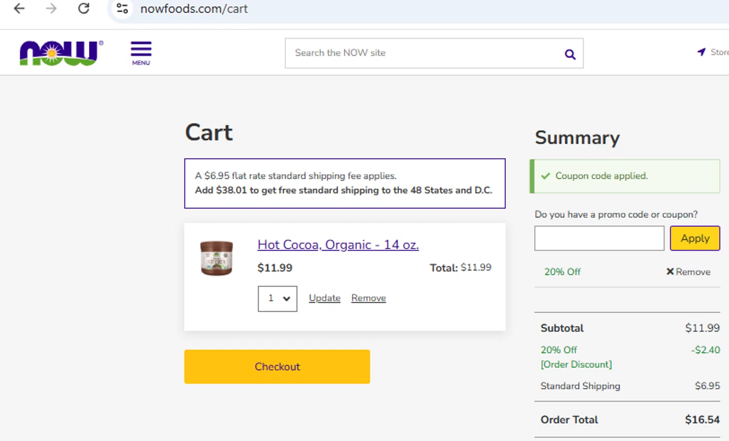 Now Foods coupon code screenshot showing code Lex applied at Now Foods checkout page. Uploaded by SimplyCodes community member PennyOwl2559 on May 23, 2025