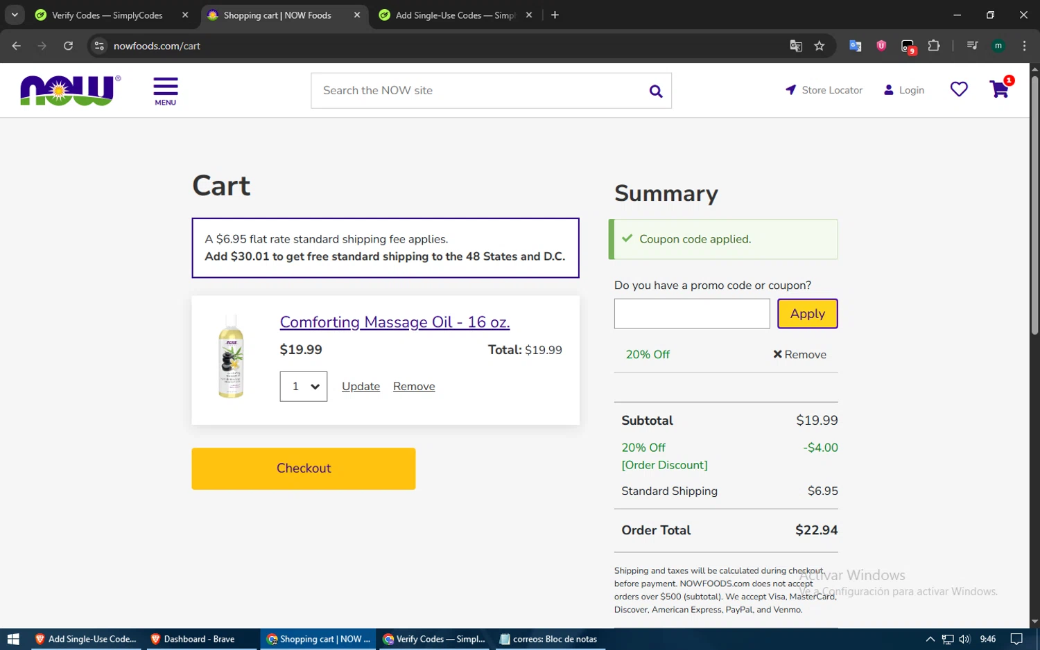 Now Foods coupon code screenshot showing code Lex applied at Now Foods checkout page. Uploaded by SimplyCodes community member usuario500 on Jun 13, 2025