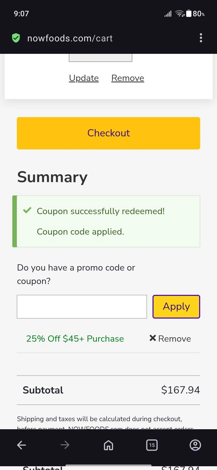 Now Foods checkout page showing Now Foods coupon code box | Screenshot taken by SimplyCodes community member on Dec 4, 2025