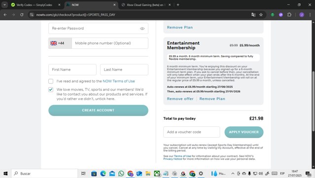 Now TV checkout page showing Now TV discount code box | Screenshot taken by SimplyCodes community member on Jul 27, 2025