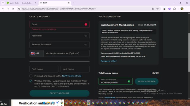 Now TV checkout page showing Now TV discount code box | Screenshot taken by SimplyCodes community member on Sep 6, 2025