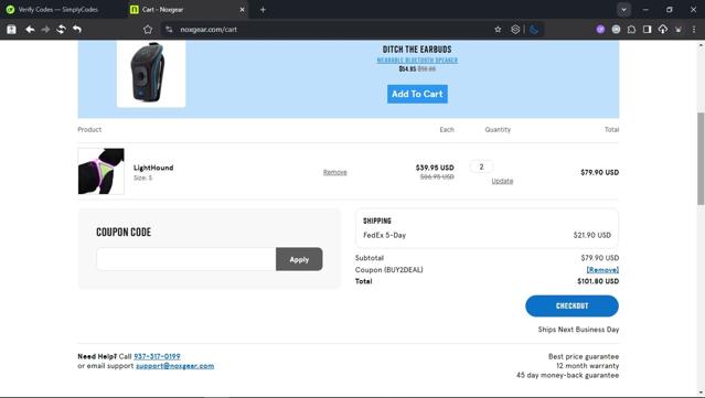Noxgear checkout page showing Noxgear coupon code box | Screenshot taken by SimplyCodes community member on Jul 7, 2025