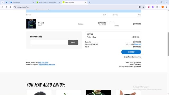 Noxgear checkout page showing Noxgear coupon code box | Screenshot taken by SimplyCodes community member on Sep 1, 2025