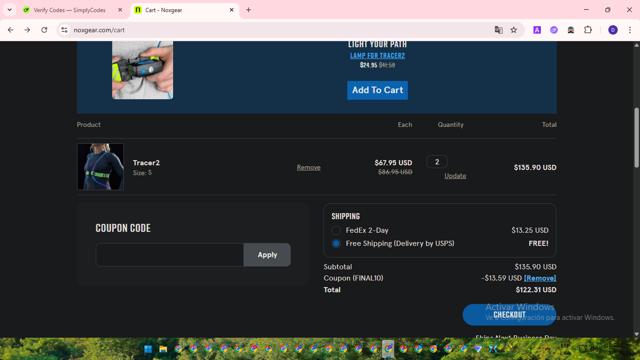 Noxgear checkout page showing Noxgear coupon code box | Screenshot taken by SimplyCodes community member on Aug 3, 2025