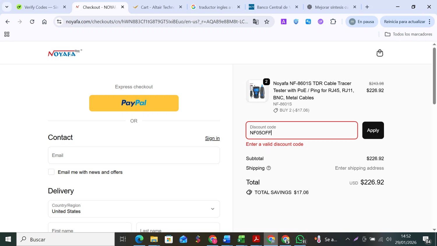 Noyafa promo code screenshot showing code NF05OFF applied at Noyafa checkout page. Uploaded by SimplyCodes community member MANUELURBINA on Jan 29, 2026