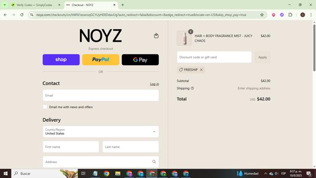 Noyz checkout page showing Noyz discount code box | Screenshot taken by SimplyCodes community member on Aug 11, 2025