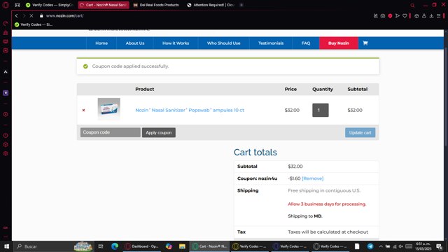 Nozin checkout page showing Nozin coupon code box | Screenshot taken by SimplyCodes community member on Mar 15, 2025