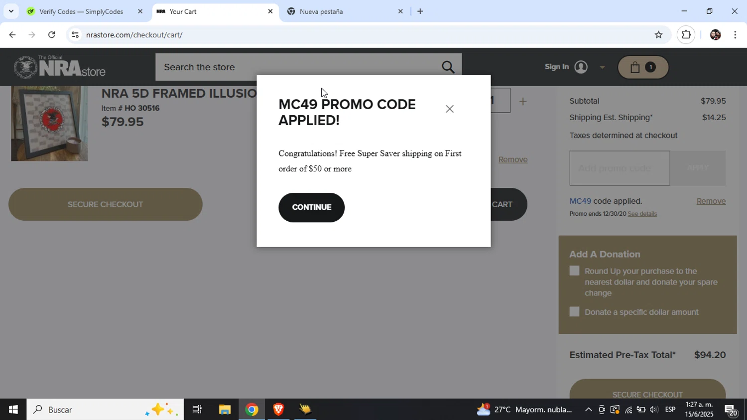 NRA Store checkout page showing NRA Store promo code box | Screenshot taken by SimplyCodes community member on Jun 15, 2025