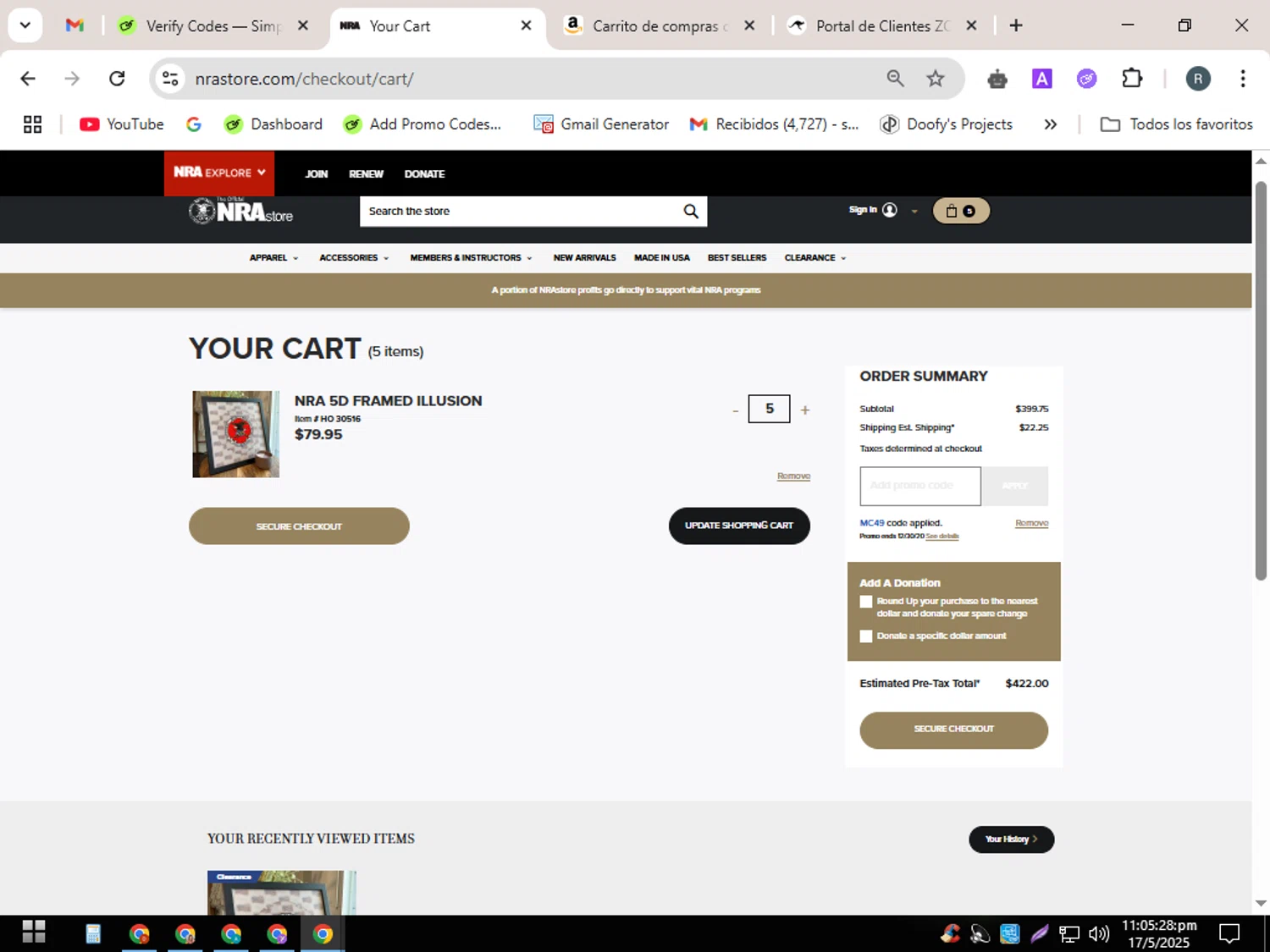 NRA Store checkout page showing NRA Store promo code box | Screenshot taken by SimplyCodes community member on May 18, 2025