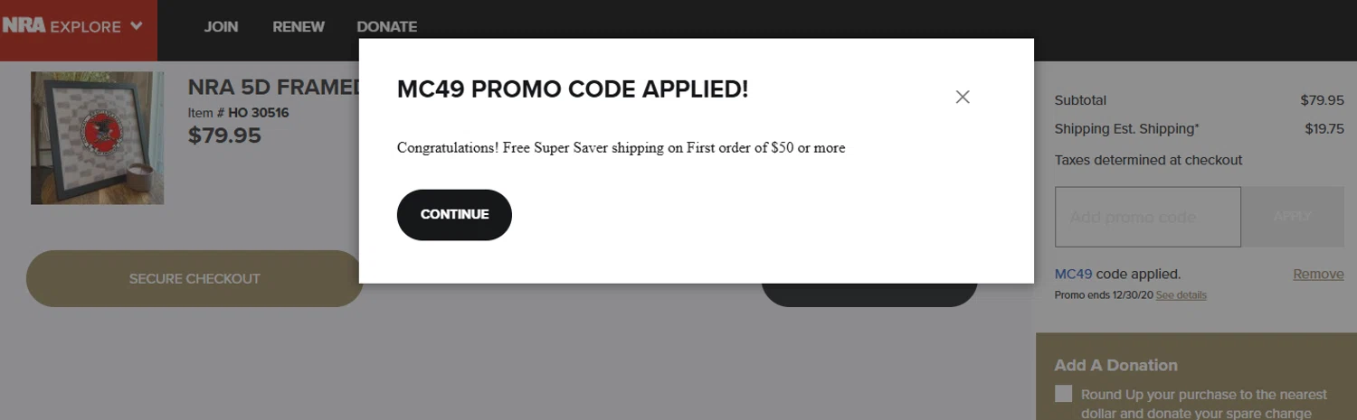 NRA Store checkout page showing NRA Store promo code box | Screenshot taken by SimplyCodes community member on Jan 1, 2026