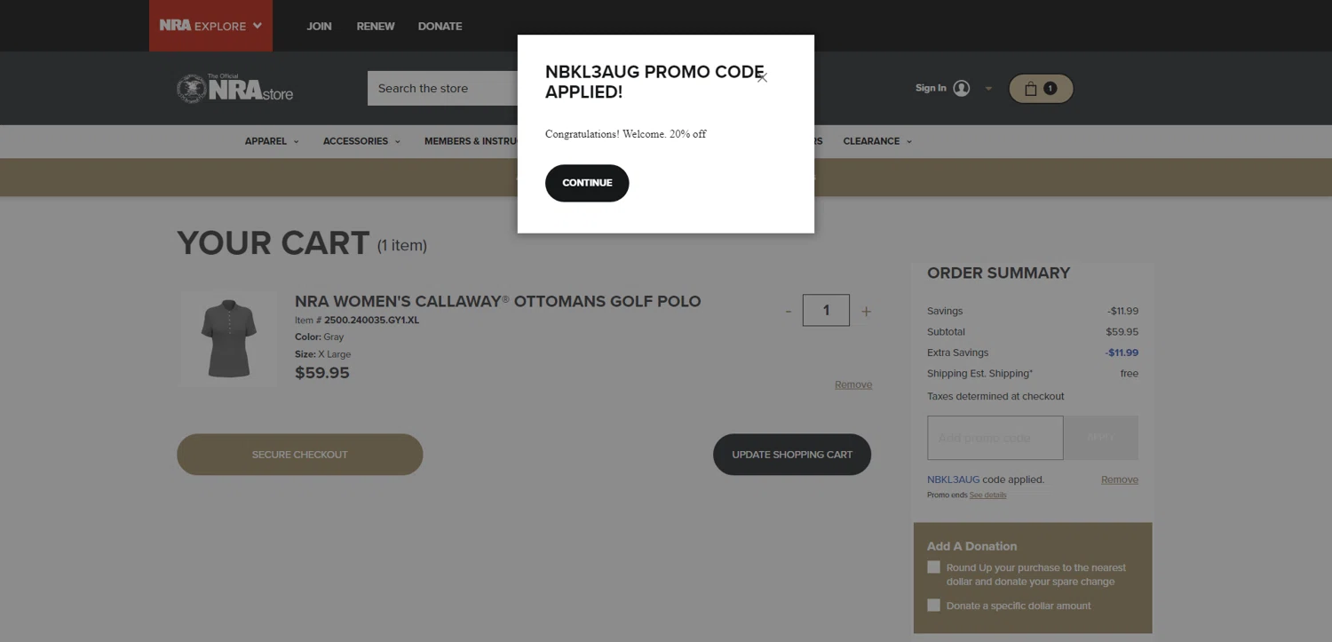 NRA Store checkout page showing NRA Store promo code box | Screenshot taken by SimplyCodes community member on May 11, 2025