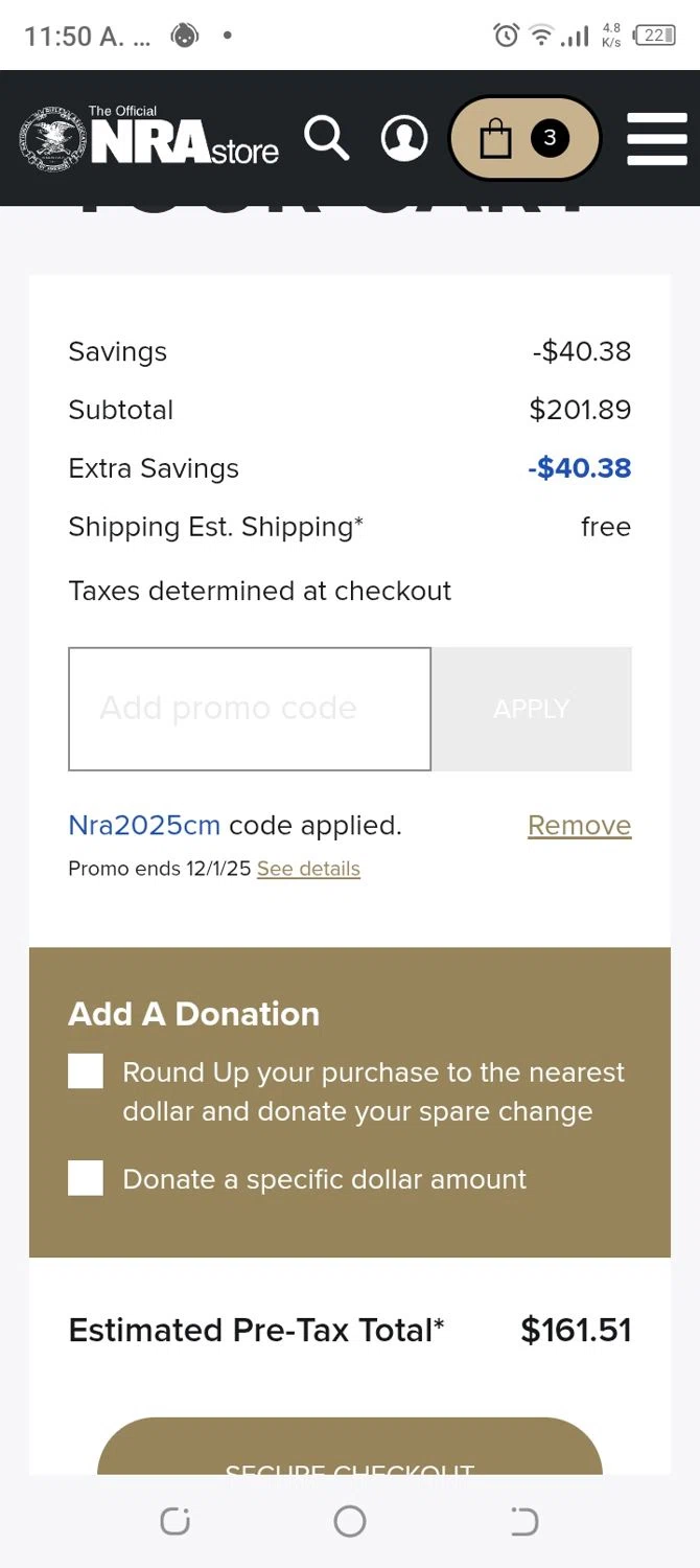 NRA Store checkout page showing NRA Store promo code box | Screenshot taken by SimplyCodes community member on Dec 1, 2025