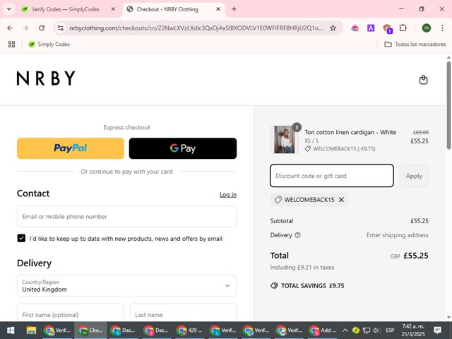 NRBY Clothing checkout page showing NRBY Clothing promo code box | Screenshot taken by SimplyCodes community member on Mar 21, 2025
