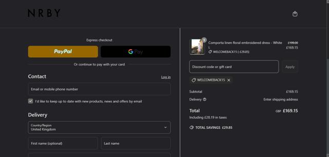 NRBY Clothing checkout page showing NRBY Clothing promo code box | Screenshot taken by SimplyCodes community member on Apr 10, 2025