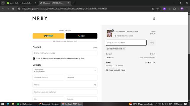NRBY Clothing checkout page showing NRBY Clothing promo code box | Screenshot taken by SimplyCodes community member on Mar 26, 2025