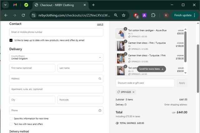 NRBY Clothing checkout page showing NRBY Clothing promo code box | Screenshot taken by SimplyCodes community member on Mar 27, 2025